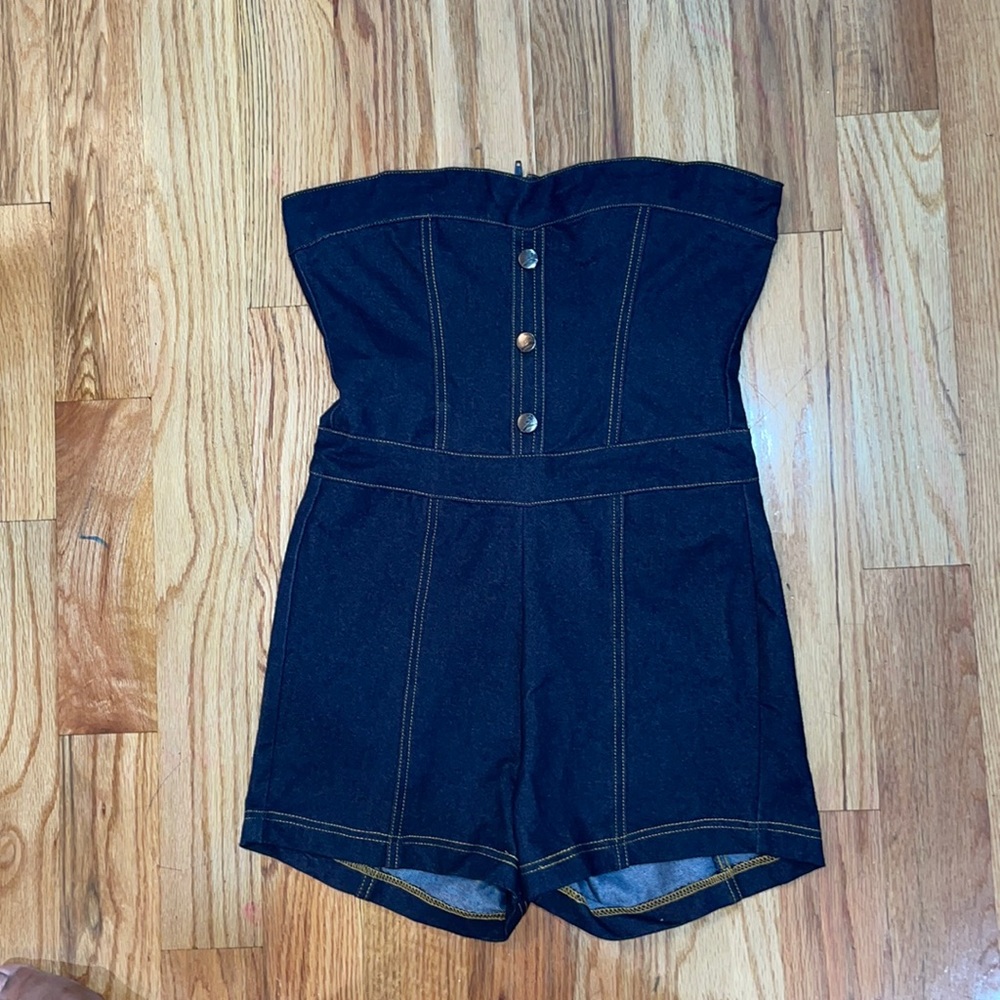 NEW Like An Angel Stretchy Strapless High Waisted Knit Denim  Fit Romper M - Picture 4 of 17